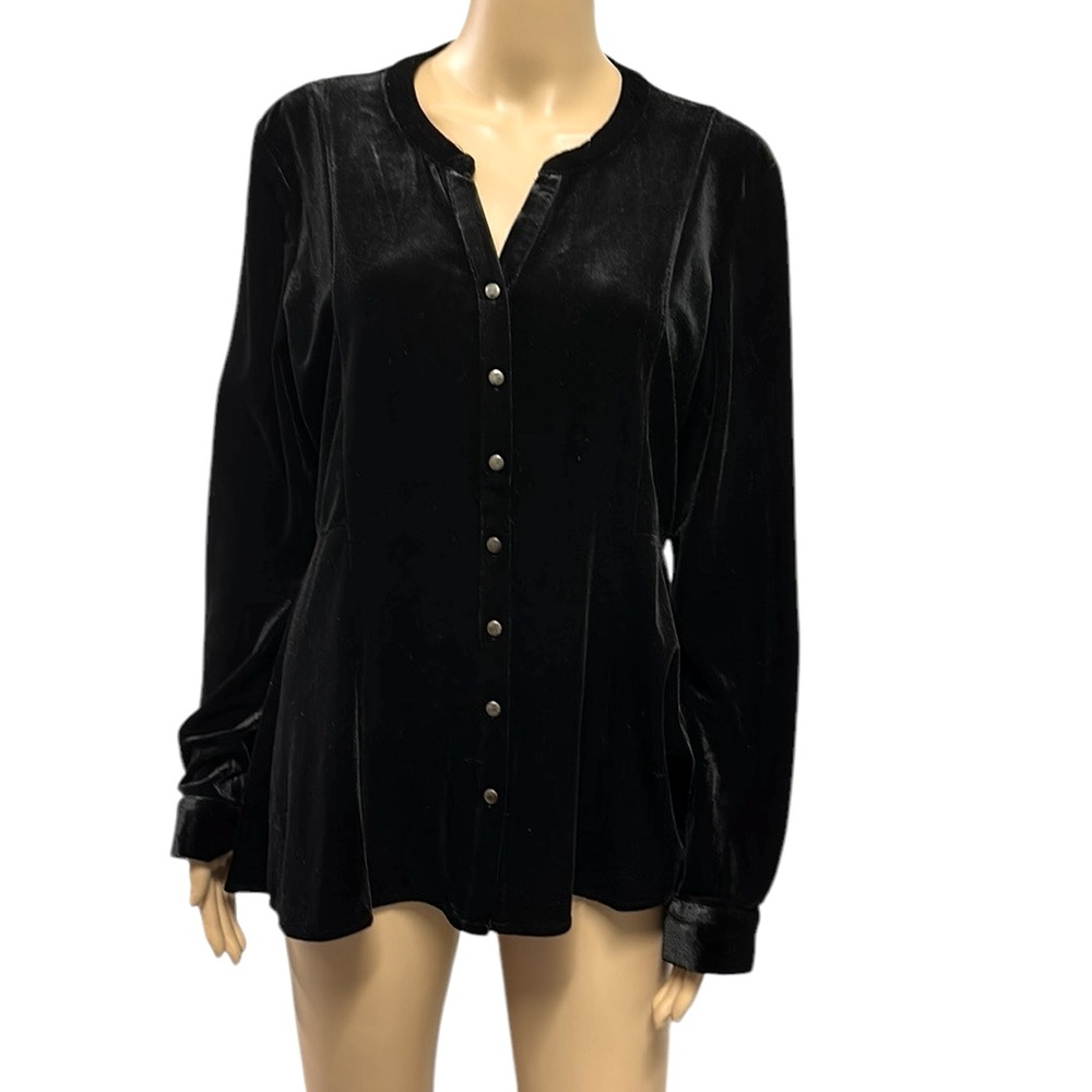 Black Velvet Amanda Blu Button Up Split Neck Long Sleeve Collarless Blouse Top M